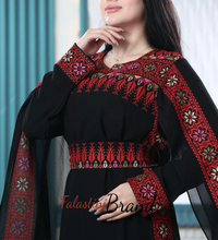 Elegant Black and Red Shoulder Drapes Embroidered Dress