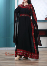 Elegant Black and Red Shoulder Drapes Embroidered Dress