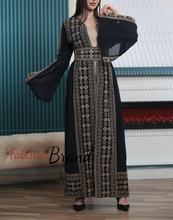 Navy and Golden Chiffon Embroidered Open Abaya Maxi Dress Long Split Sleeve