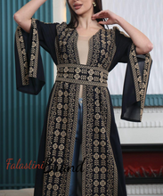 Navy and Golden Chiffon Embroidered Open Abaya Maxi Dress Long Split Sleeve