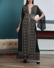 Navy and Golden Chiffon Embroidered Open Abaya Maxi Dress Long Split Sleeve