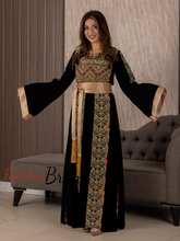 Black And Golden Palestinian Embroidered Thobe with Manajil and Satin Cuffs Details