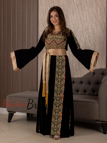 Black And Golden Palestinian Embroidered Thobe with Manajil and Satin Cuffs Details