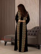 Black And Golden Palestinian Embroidered Thobe with Manajil and Satin Cuffs Details