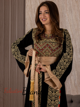 Black And Golden Palestinian Embroidered Thobe with Manajil and Satin Cuffs Details