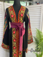 Most Elegant Full of Details Black Abaya with Burgundy Satin and Malak like Embroidery