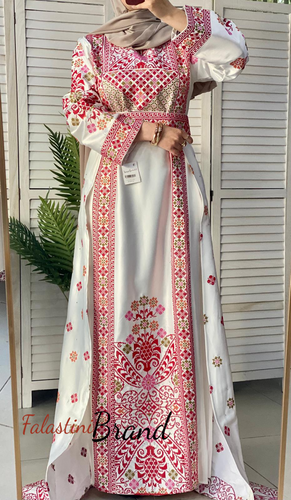 Amazing White and Red Satin Thob with Unique Floral Embroidery White Skirt