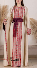 Elegant Beige With Red Dress and Abaya Set with Palestinian Embroidery