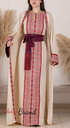 Elegant Beige With Red Dress and Abaya Set with Palestinian Embroidery