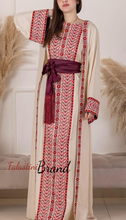 Elegant Beige With Red Dress and Abaya Set with Palestinian Embroidery