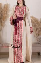 Elegant Beige With Red Dress and Abaya Set with Palestinian Embroidery