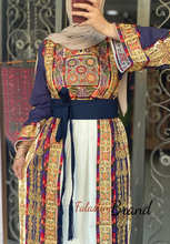 Malak Navy and Off white Thobe with Unique Qasab Embroidery and Original Etamine Fabric