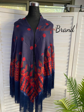 Navy Blue Shawl with High Quality Machine Embroidery and Fringe Hem