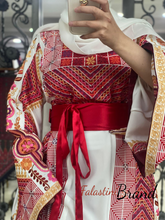 Very Elegant Wide Sleeves White and Red Embroidered Thob with Golden and Malak Details and Head Scarf