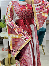 Very Elegant Wide Sleeves White and Red Embroidered Thob with Golden and Malak Details and Head Scarf