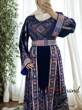 Unique Velvet Navy Blue Palestinian Thobe Dress with Pastel Colors Embroidery