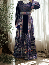 Unique Velvet Navy Blue Palestinian Thobe Dress with Pastel Colors Embroidery