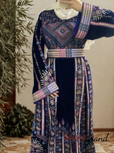 Unique Velvet Navy Blue Palestinian Thobe Dress with Pastel Colors Embroidery