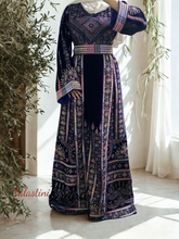 Unique Velvet Navy Blue Palestinian Thobe Dress with Pastel Colors Embroidery
