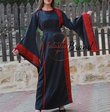 Black Satin Abaya Dress with Red Embroidery and Wide Sleeves