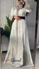 White and Golden(Mqassab) Palestinian Embroidered Kaftan Dress