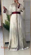 White and Golden(Mqassab) Palestinian Embroidered Kaftan Dress