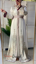White and Golden(Mqassab) Palestinian Embroidered Kaftan Dress