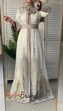 White and Golden(Mqassab) Palestinian Embroidered Kaftan Dress