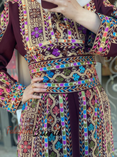 Amazing Burgundy Manajil Palestinian Embroidered Thobe Dress With Astonishing Embroidery