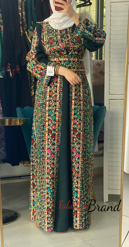 Amazing Dark Green Manajil Palestinian Embroidered Thobe Dress With Astonishing Embroidery
