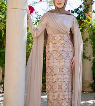 Classy Golden Embroidered Dress with Shoulder Drapes